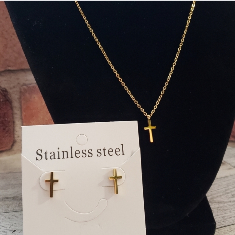 New Cross Pendant‎ & Earrings  Stainless Steel Set.
